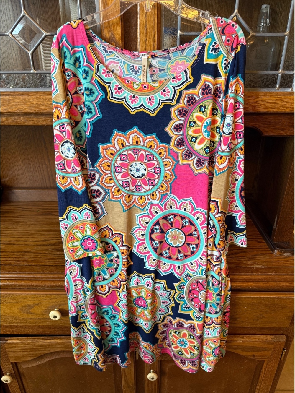 42POPS Shift Dress Size L Medallion Mandala Print Long Sleeve Hippie